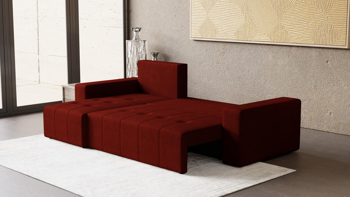 ECKSOFA Tico mit Bettkasten und Schlaffunktion, L-Form/XL-Form, Velourstoff, Universal - Weinrot, Holzwerkstoff (246/145cm) - 4ALL HOME