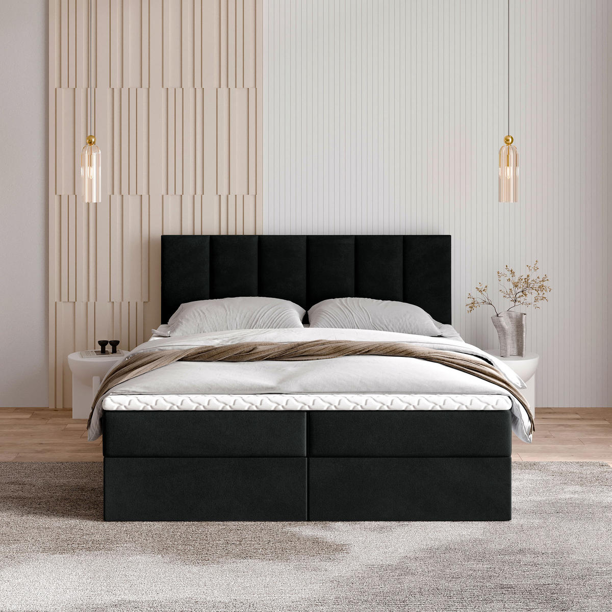 BOXBETT MERIL 140x200 cm mit Matratze und Topper - Schwarz - Schwarz, Holz (140/200cm) - MASSENO