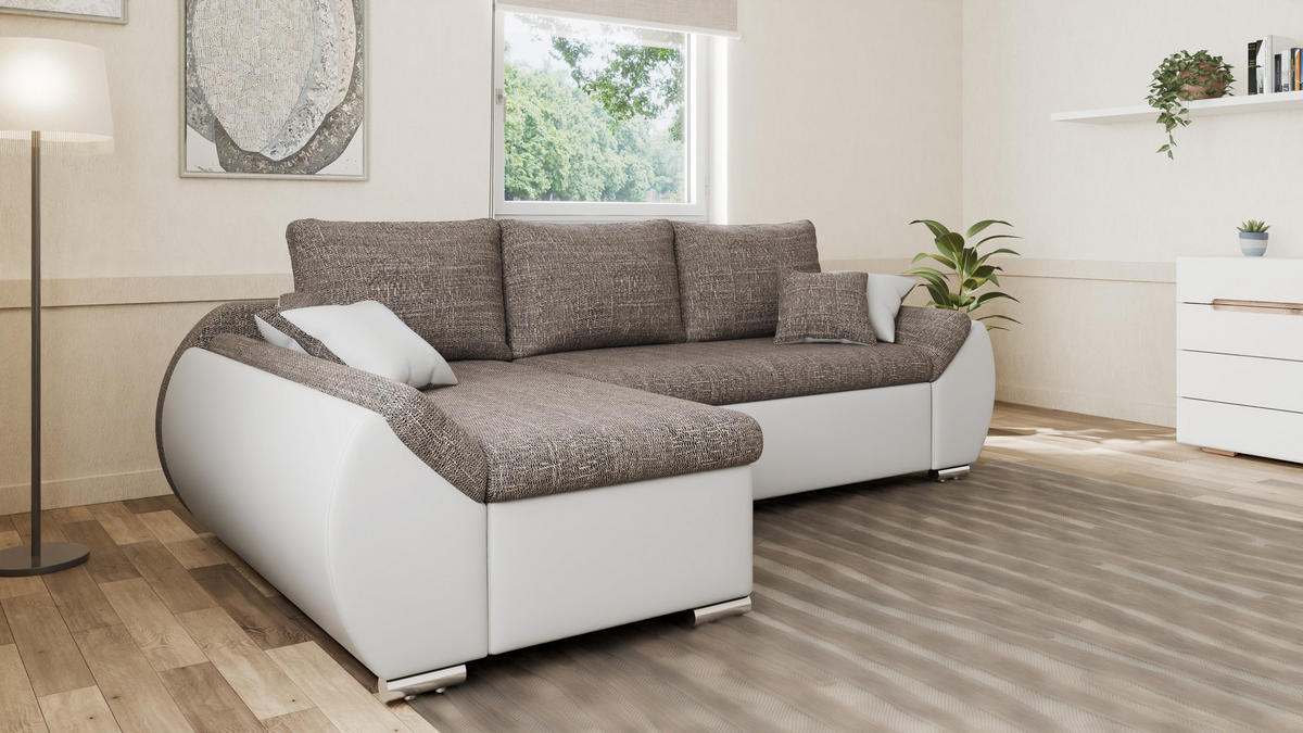 ECKSOFA - ALEX – Braun + Weiß (Lawa 02 + Soft 17) - Links - Braun, Holzwerkstoff/Metall (275/155cm) - Möblo