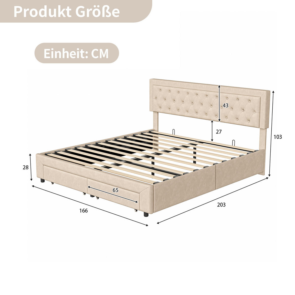 POLSTERBETT 160x200 cm mit 2 Fußschubladen, Hydraulischer Bettkasten, beiger Samtstoff - Beige, Holz (160/200cm) - BRILVERDE