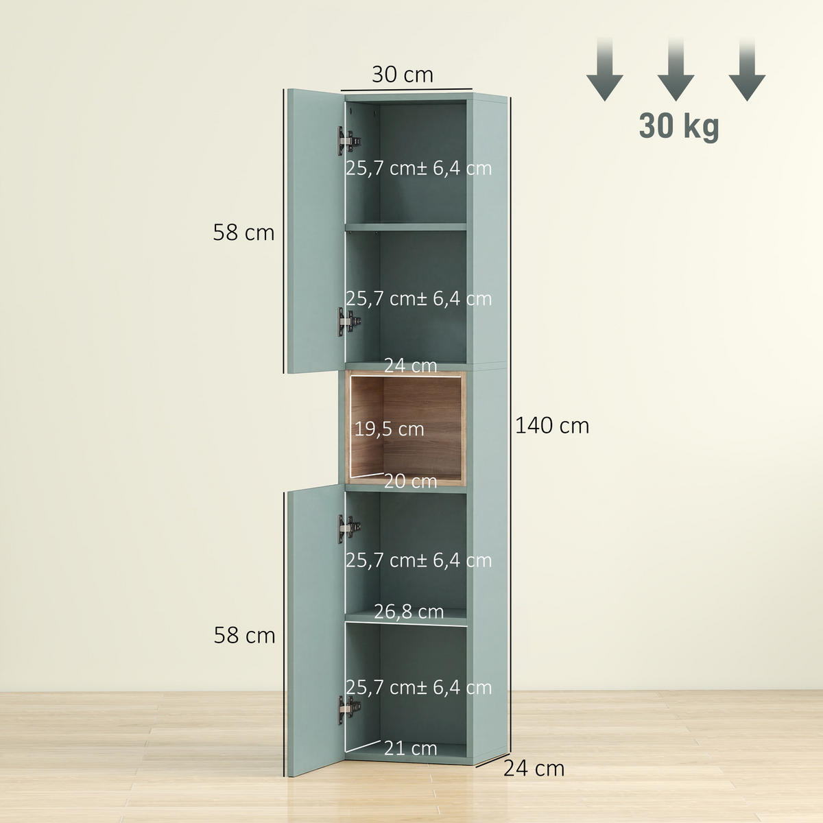 HOCHSCHRANK DE-12541 30/24/140 cm Grün - Grün, Holzwerkstoff (24/140/30cm) - ComfortXL