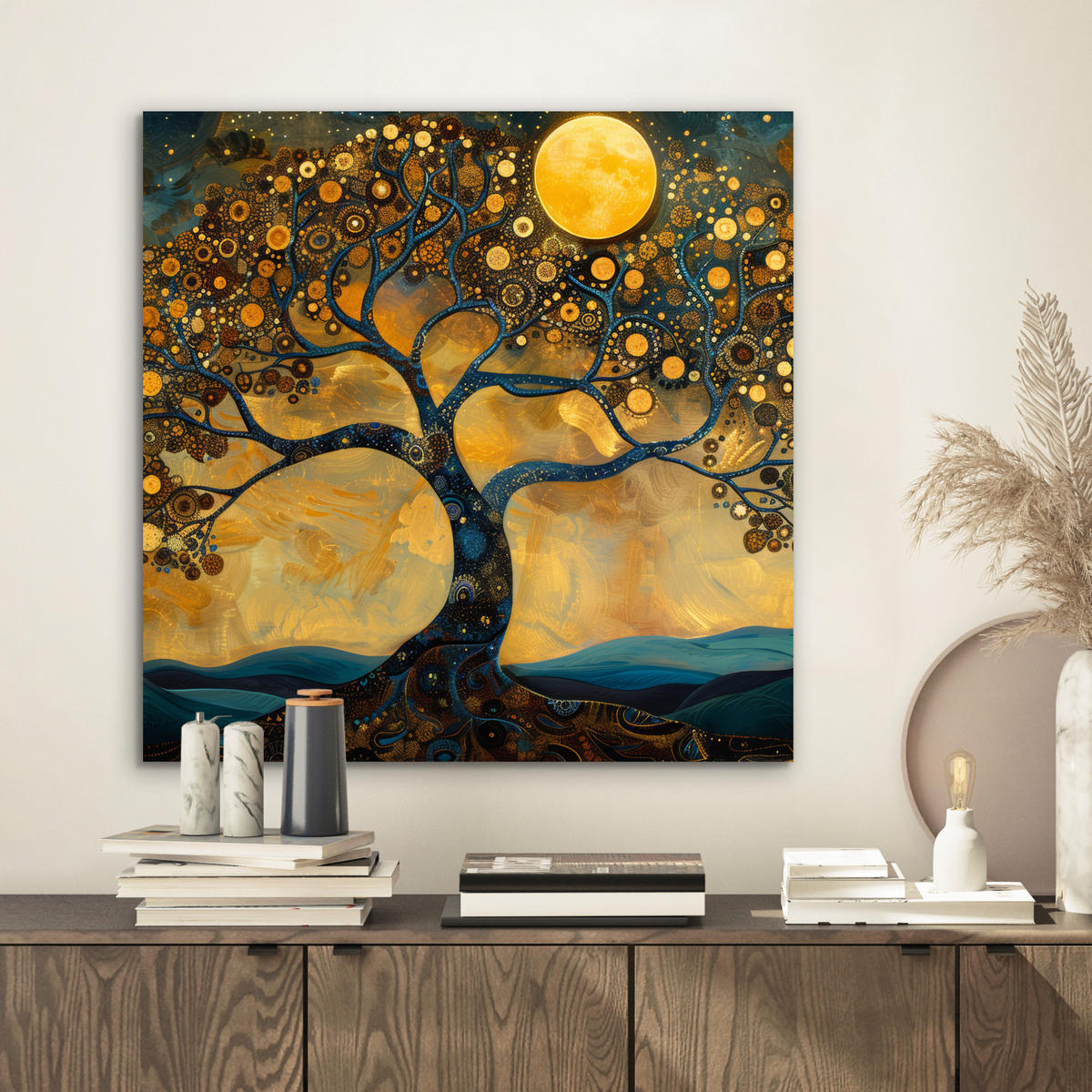 KOVOVÝ OBRAZ Strom - Mesiac - Kvety - Zlato - Umenie 50x50 cm - oranžová, kov (50/50cm) - MuchoWow