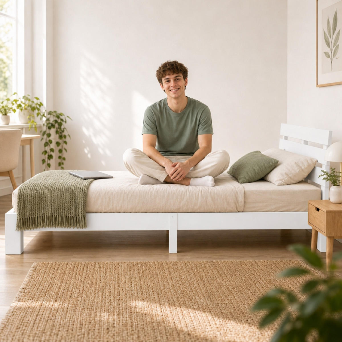 POSTELJA Bela masiven bor z letvenim dnom 90x200 cm - bela, les - Relaxdays
