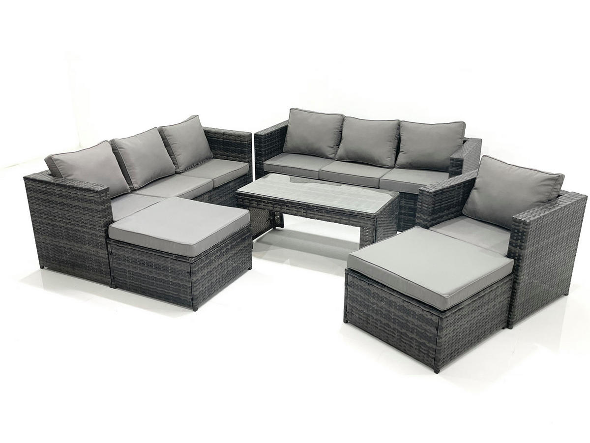 GARTENMÖBEL-SET COUCHTISCH SESSEL SOFA mit HOCKER Polyrattan Dunkelgrau Gemischt 9-Sitzer - Dunkelgrau/Grau, Glas/Kunststoff - Fimous