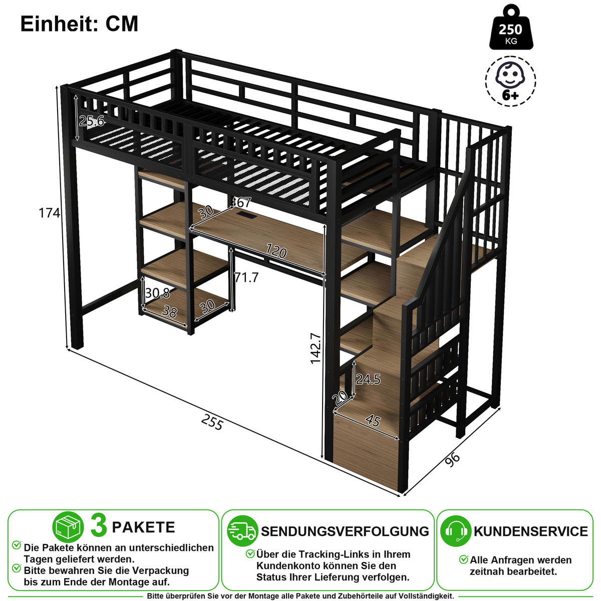 VYVÝŠENÁ POSTEL 90/200 cm v černé barvě s psacím stolem, LED osvětlením a USB - černá, kov/kompozitní dřevo (90/200cm) - CHICFURN