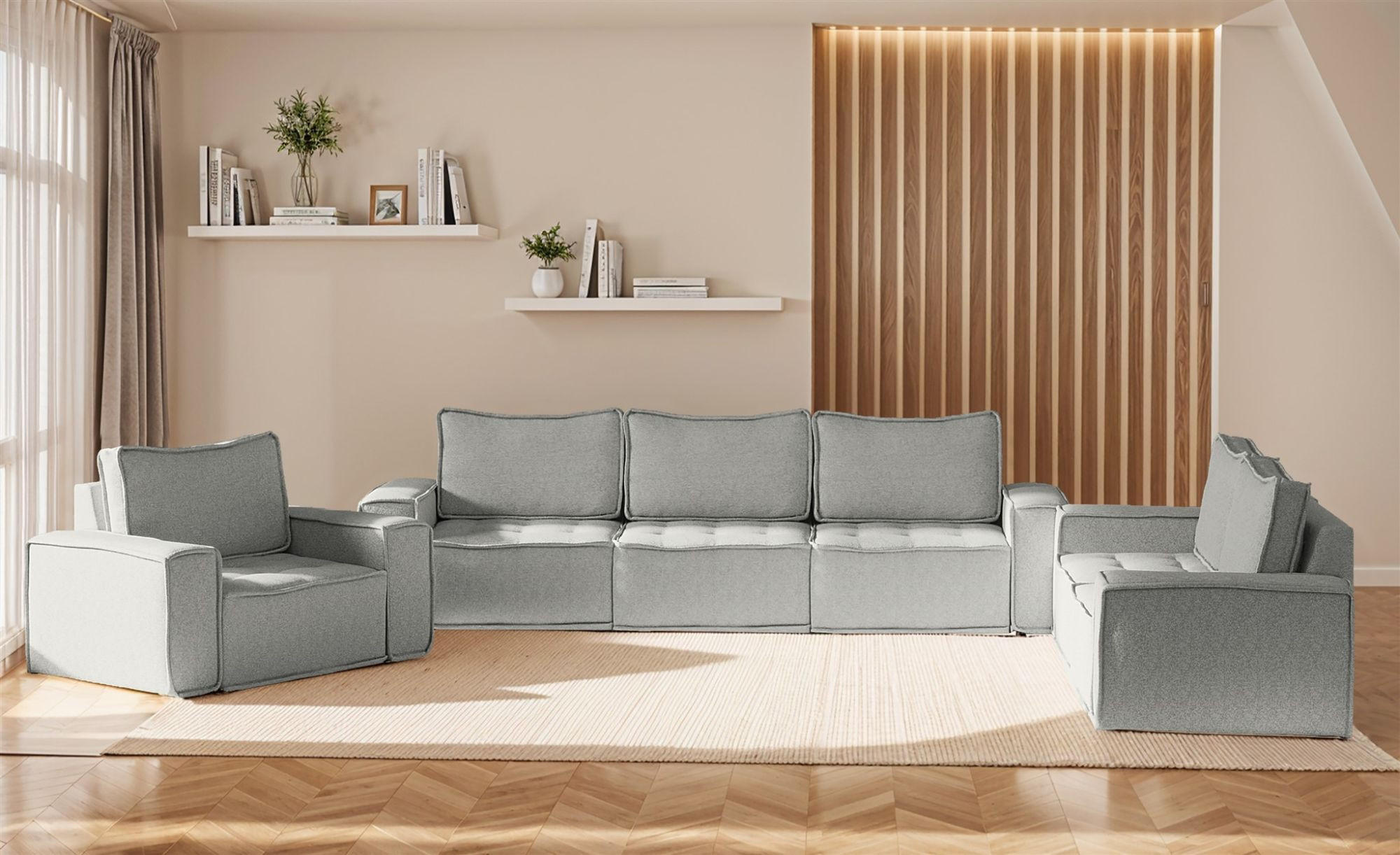 SOFASET Sande 3-2-1 Stoff Alpine - Hellgrau, Holzwerkstoff/Textil (292/85/90cm) - Fun Möbel