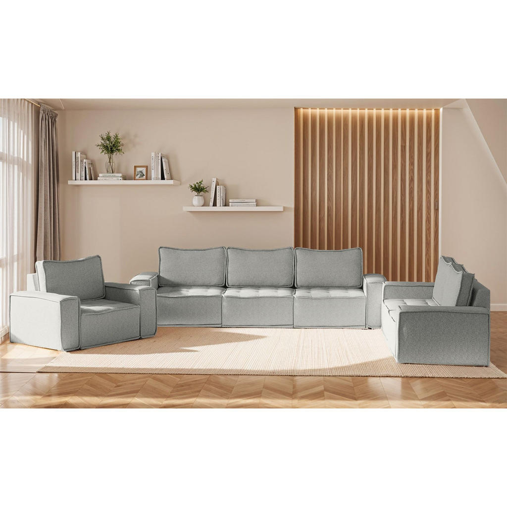 Thumbnail - Fun Möbel Sofaset, Hellgrau, Textil, 292x85x90 cm, Wohnzimmer, Sofas & Couches, Sitzgarnituren