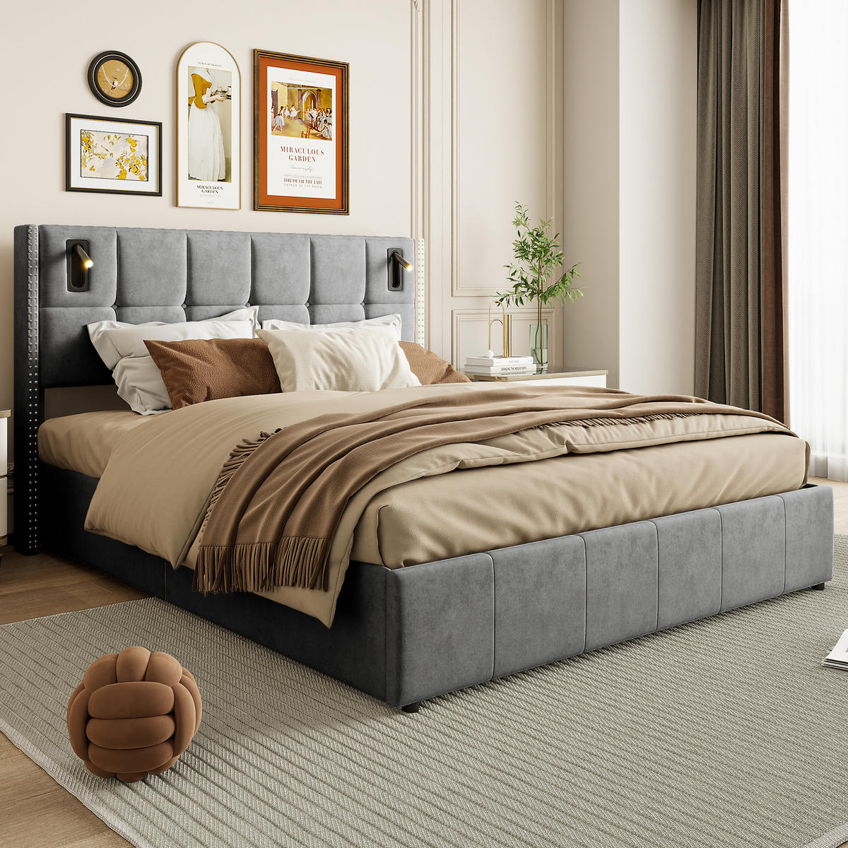 POLSTERBETT 160x200 cm, Grau, Leselampe - Grau, Textil/Metall (160/200cm)