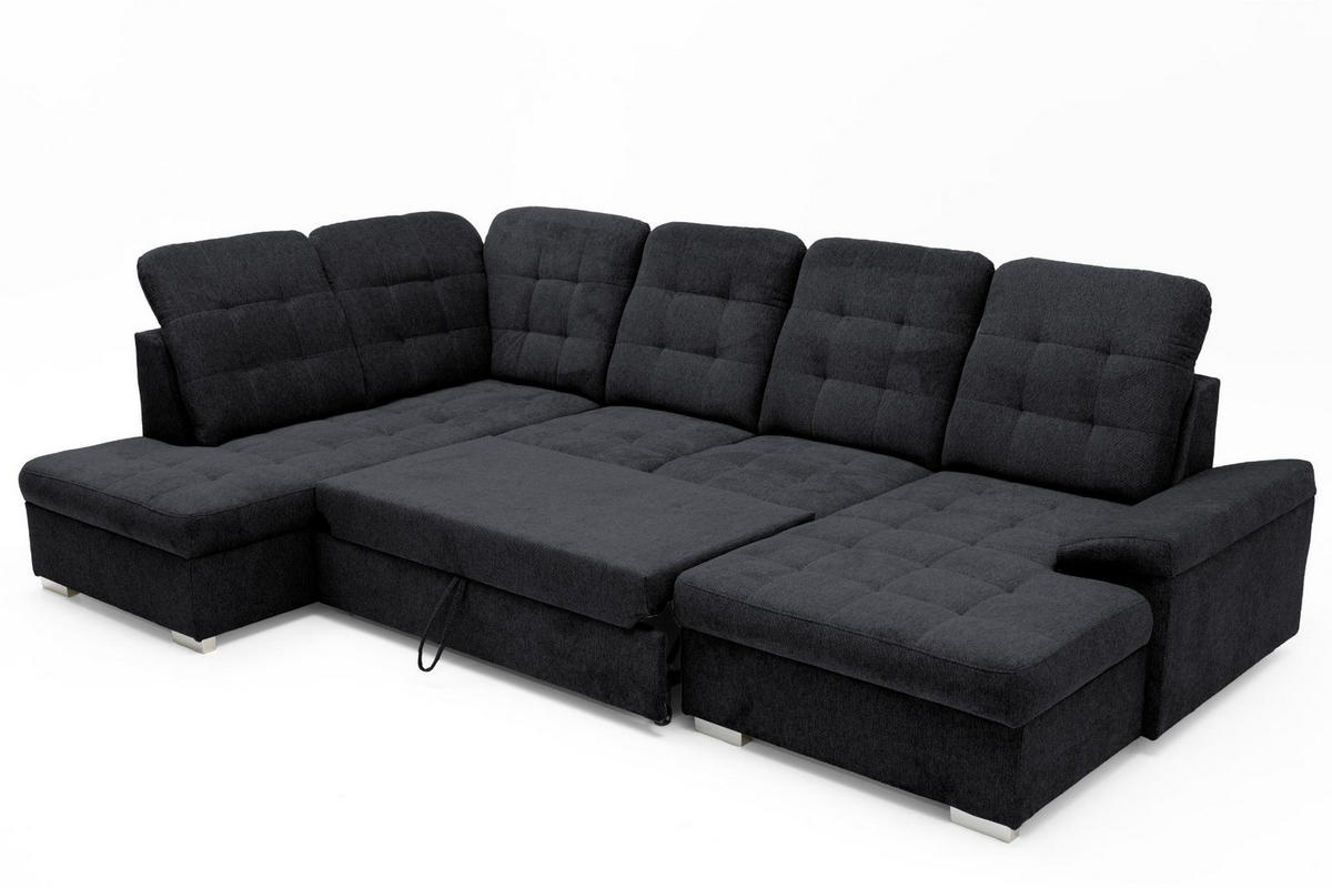 ECKSOFA U-Form OLIVIA U Links mit Schlaffunktion 124x257 Velours Schwarz - Silberfarben/Schwarz, Holz/Kunststoff (320/103/202cm) - Muffo