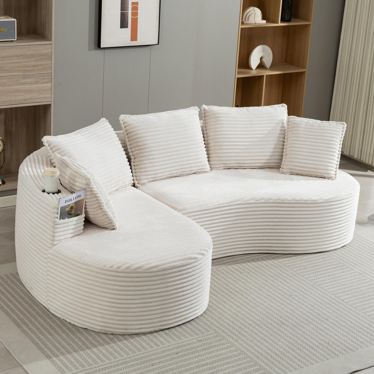ECKSOFA aus Cord 250x152x82 cm Beige mit Getränkehaltern, Seitentaschen und Kissen im Bogendesign - Beige, Textil (250/152cm) - Modfu