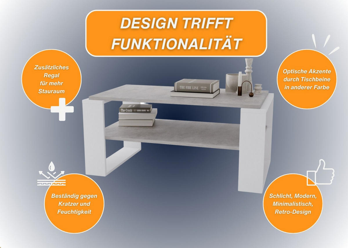 COUCHTISCH Holzwerkstoff rechteckig stabil Grau 42/54/96cm - Weiß/Grau, Holzwerkstoff (53.8/96/42cm) - CraftPAK