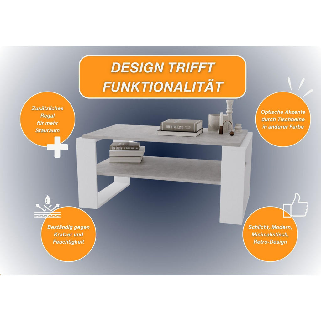 Thumbnail - CraftPAK Couchtisch, Grau, Weiß, Holzwerkstoff, Rechteckig, 96x42x53.8 cm, Wohnzimmer, Wohnzimmertische, Couchtische