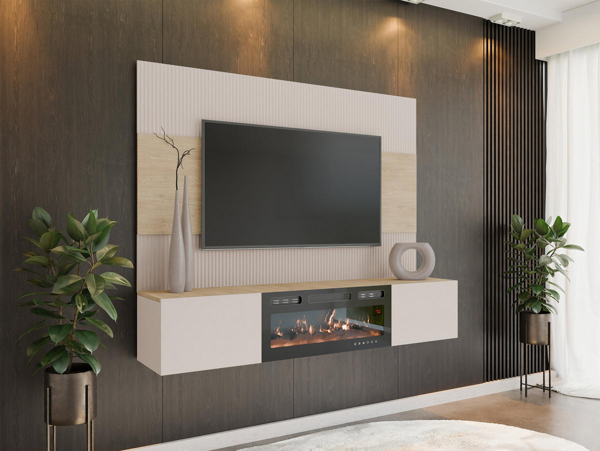 WOHNWAND Deromi III mit Kamin - Beige, Holzwerkstoff (180/150/38cm) - MIRJAN24