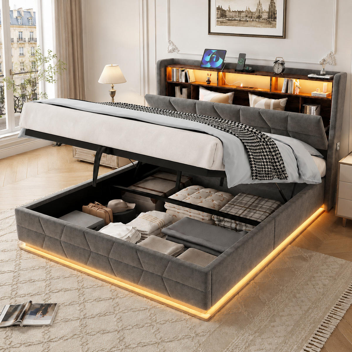 POLSTERBETT 140/190 cm in Dunkelgrau mit Regal, LED und USB/Type-C Samt - Dunkelgrau, Holzwerkstoff/Textil (140/190cm) - STILVORA