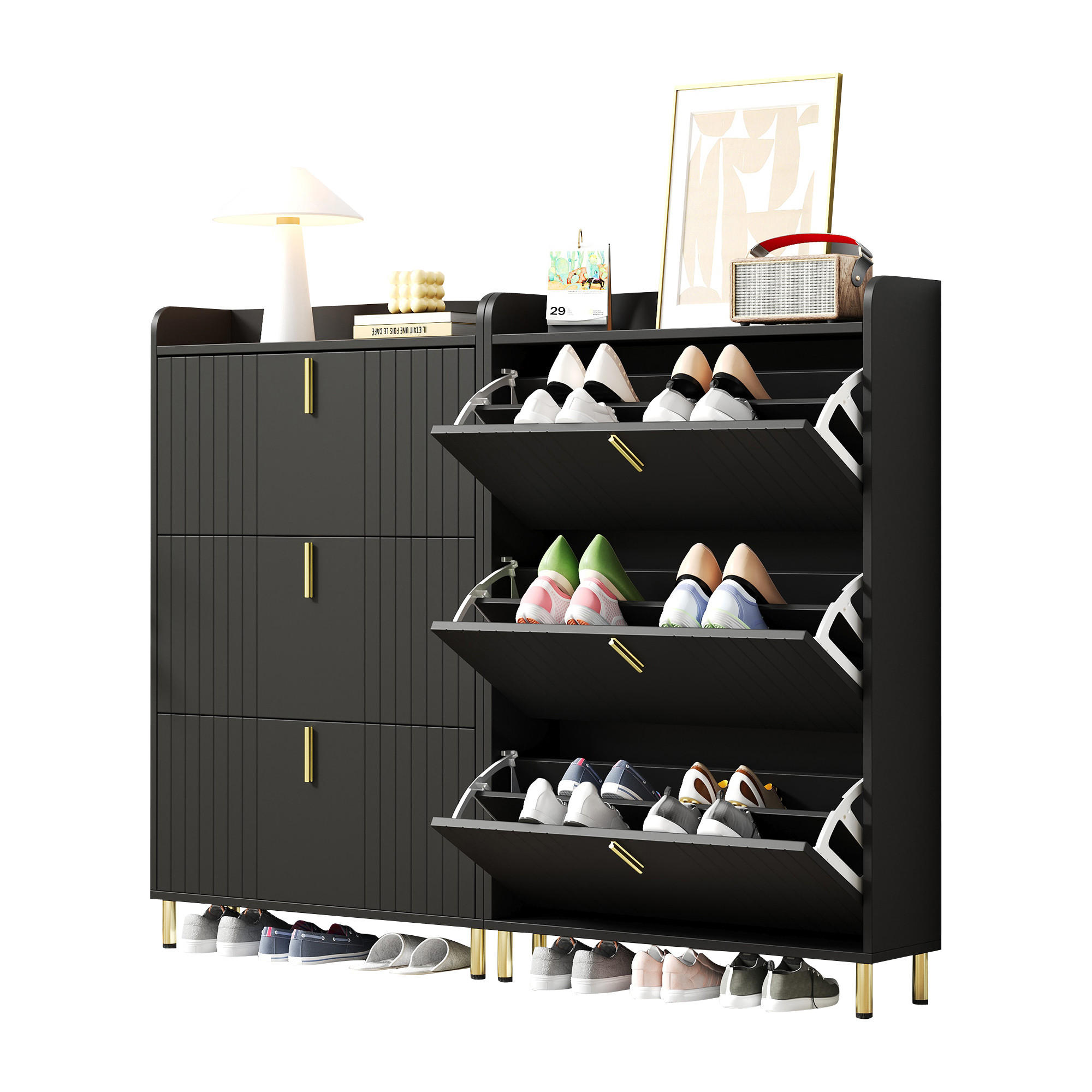 SCHUHSCHRANK aus MDF 160x23x123,5cm in Schwarz mit Metallsockel - Schwarz, Holzwerkstoff (160/123.5/23.5cm) - Modfu