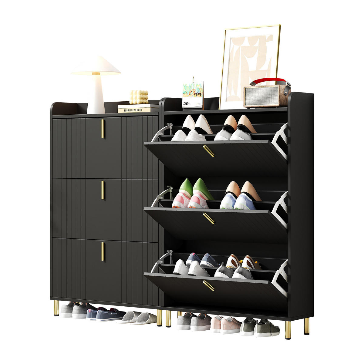 SCHUHSCHRANK aus MDF 160x23x123,5cm in Schwarz mit Metallsockel - Schwarz, Holzwerkstoff (160/123.5/23.5cm) - Modfu