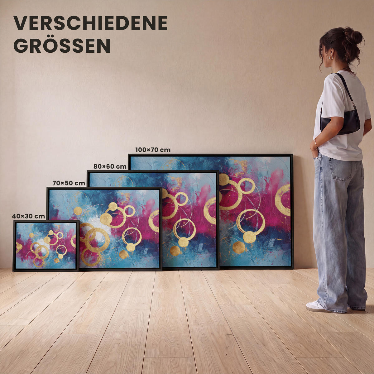 LEINWAND Bilder mit Rahmen - Kreise - Gold - Abstrakt - 100x70 - Blau, Textil (100/70cm) - MuchoWow