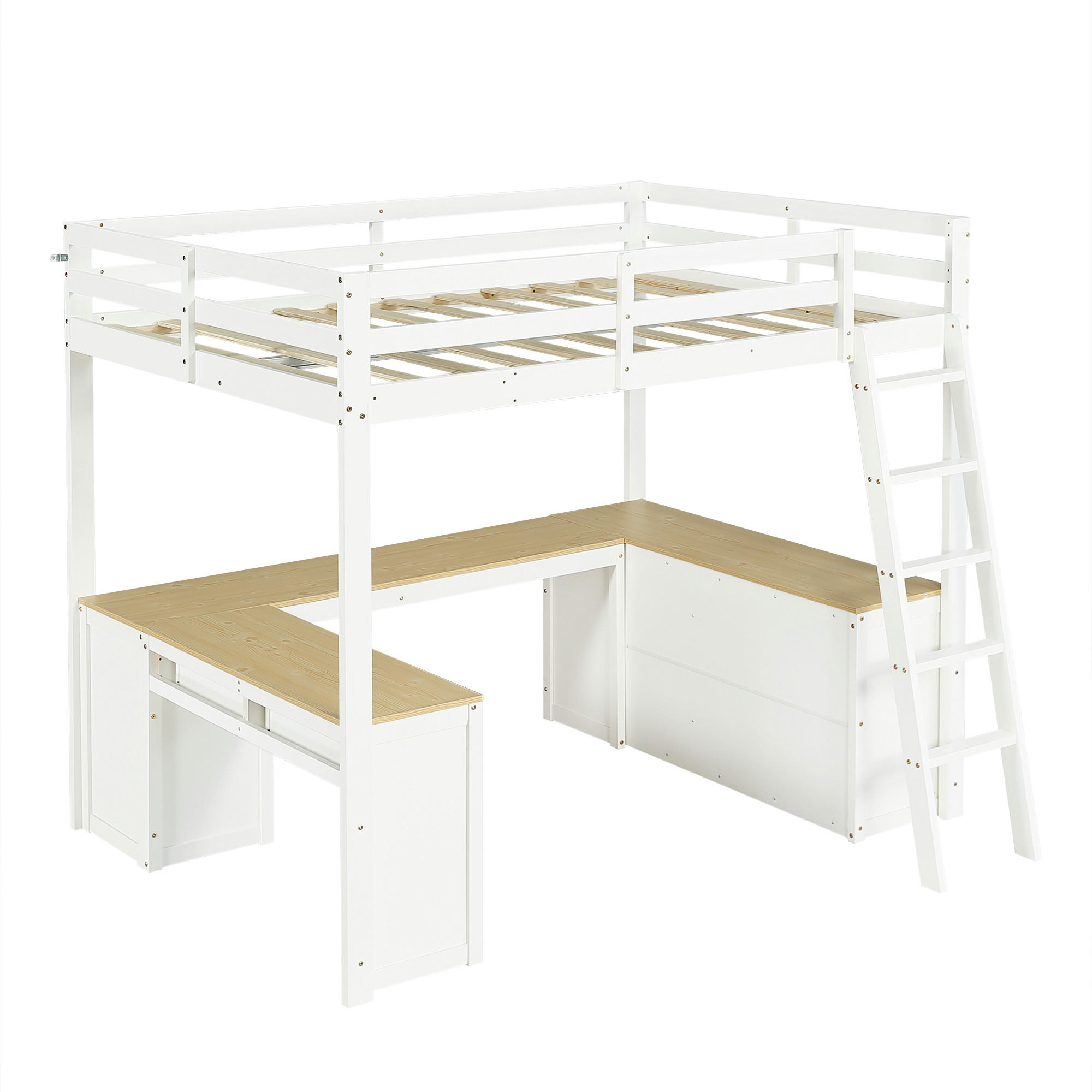HOCHBETT 140/200 cm DE-02265, in Weiß/Natur, mit U-förmigem Langtisch und 2 Schubladen - Weiß/Naturfarben, Holz/Holzwerkstoff (140/200cm) - ComfortXL