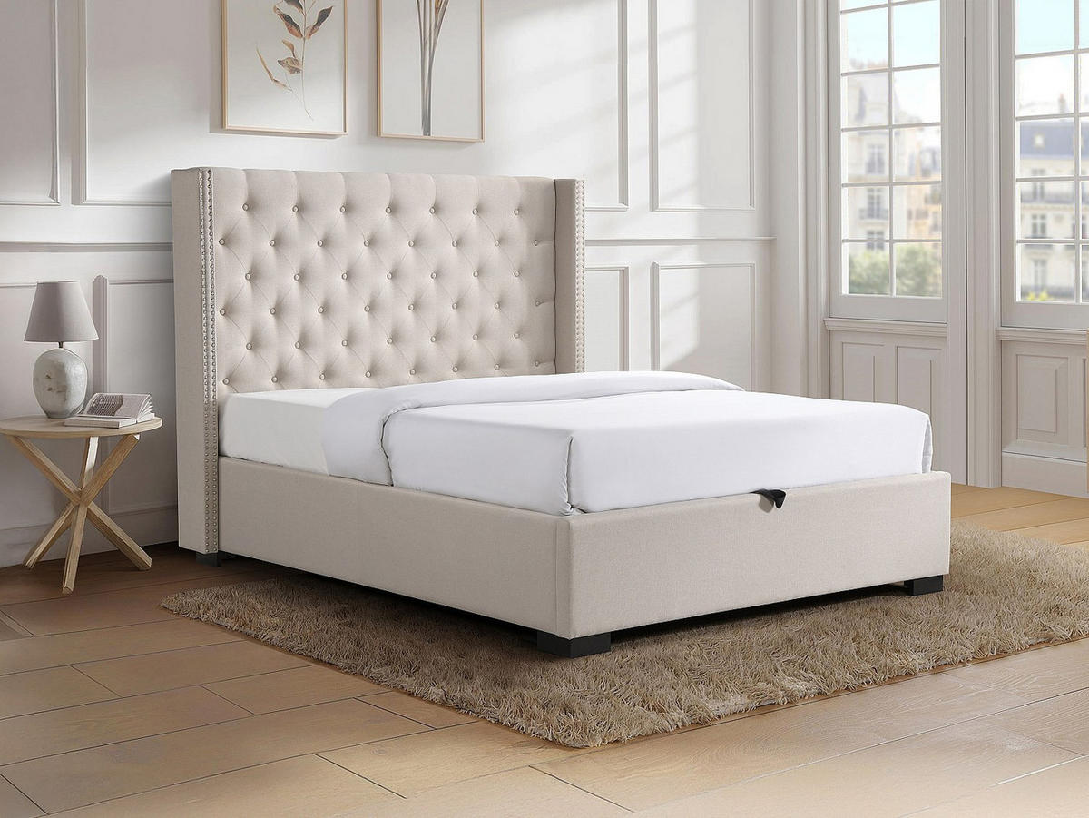 BETT mit Bettkasten - 2 Personen - Stoff - Beige - - Beige, Textil (160/200cm) - Vente-Unique