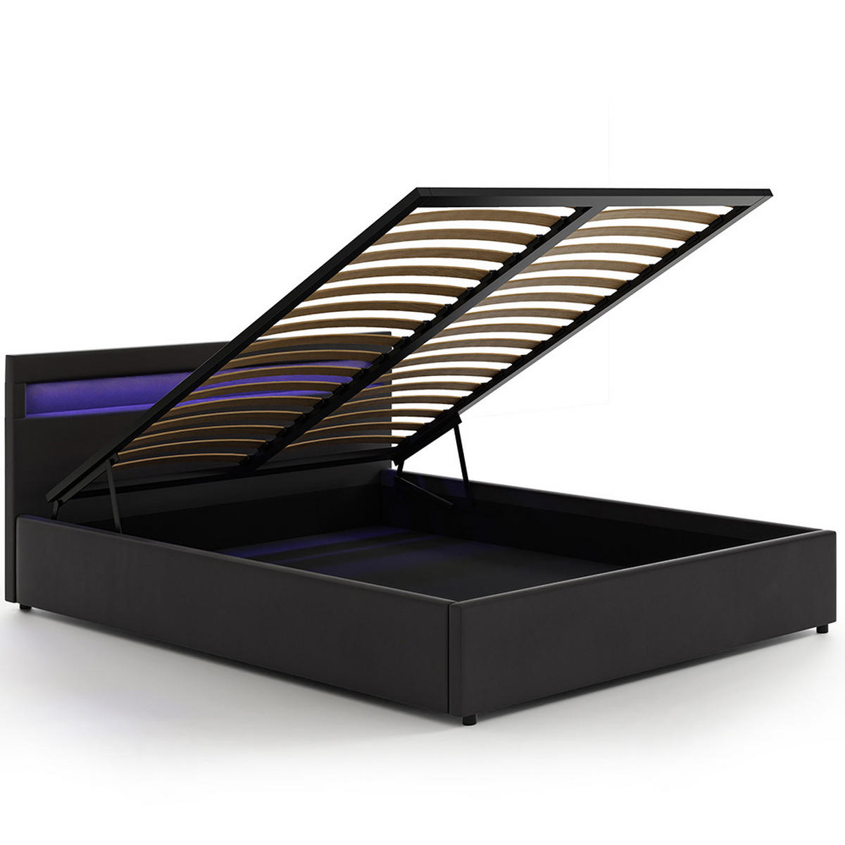 POLSTERBETT 140×200 mit Bettkasten und Lattenrost Nira Öko-Leder schwarz LED - Schwarz, Holz (140/200cm) - Jana