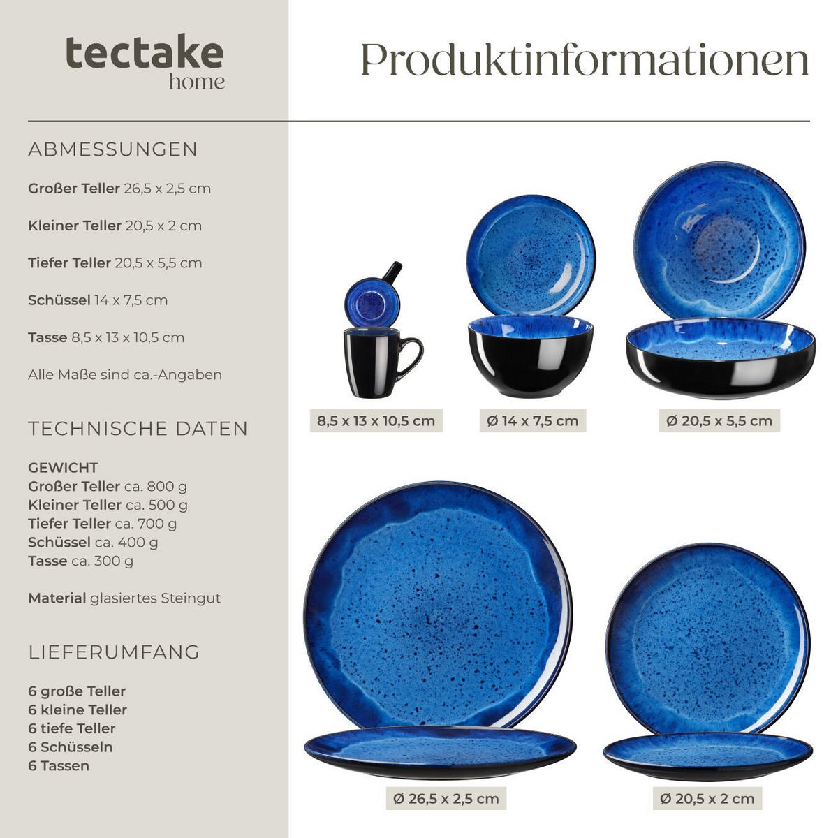 KOMBISERVICE Mare, ineinander stapelbar, blau - Blau, Keramik (26.5/2.5/26.5cm) - tectake