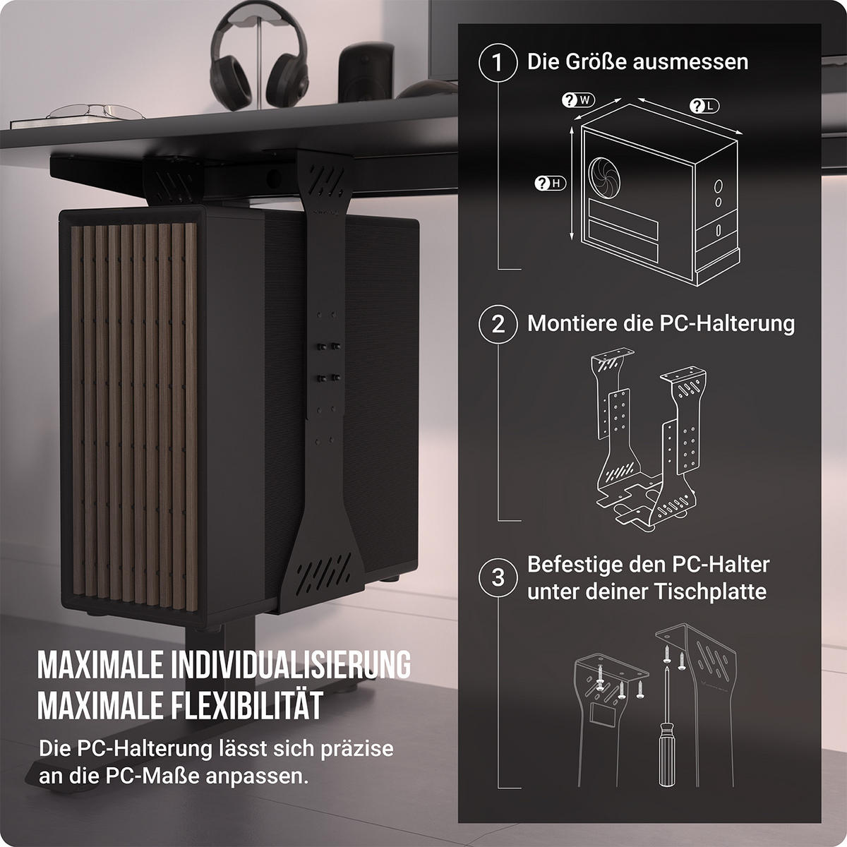 PC-HALTERUNG Schreibtisch - Schwarz - Schwarz, Metall (30/30/59cm) - Ultimate Setup