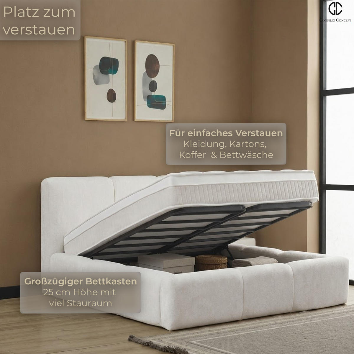BOXSPRINGBETT MIT BETTKASTEN ELSA 180/200 cm, Ivory, Bettkasten, Matratze, Topper integriert, H3 mittel - Creme/Schwarz, Holz/Kunststoff (180/200cm) - Consilio Concept