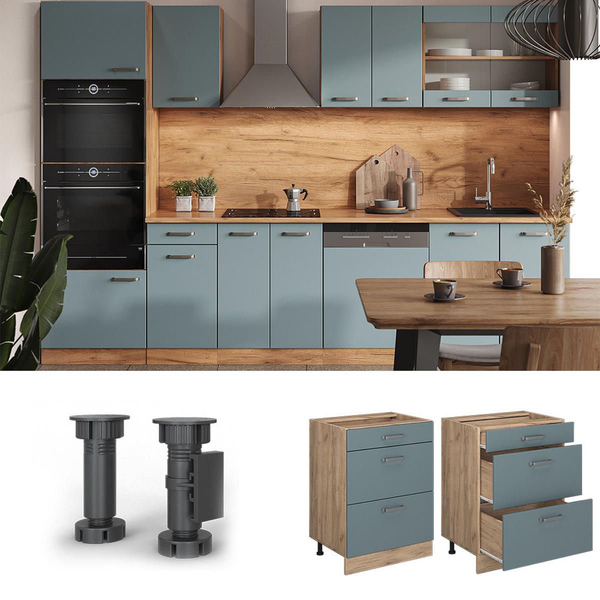 KÜCHENUNTERSCHRANK R-Line Blau-Grau 60 cm mit Schubladen, AP Anthrazit - Honigeiche/Eiche Wotan, Holzwerkstoff (60/81.6/60cm) - Vicco