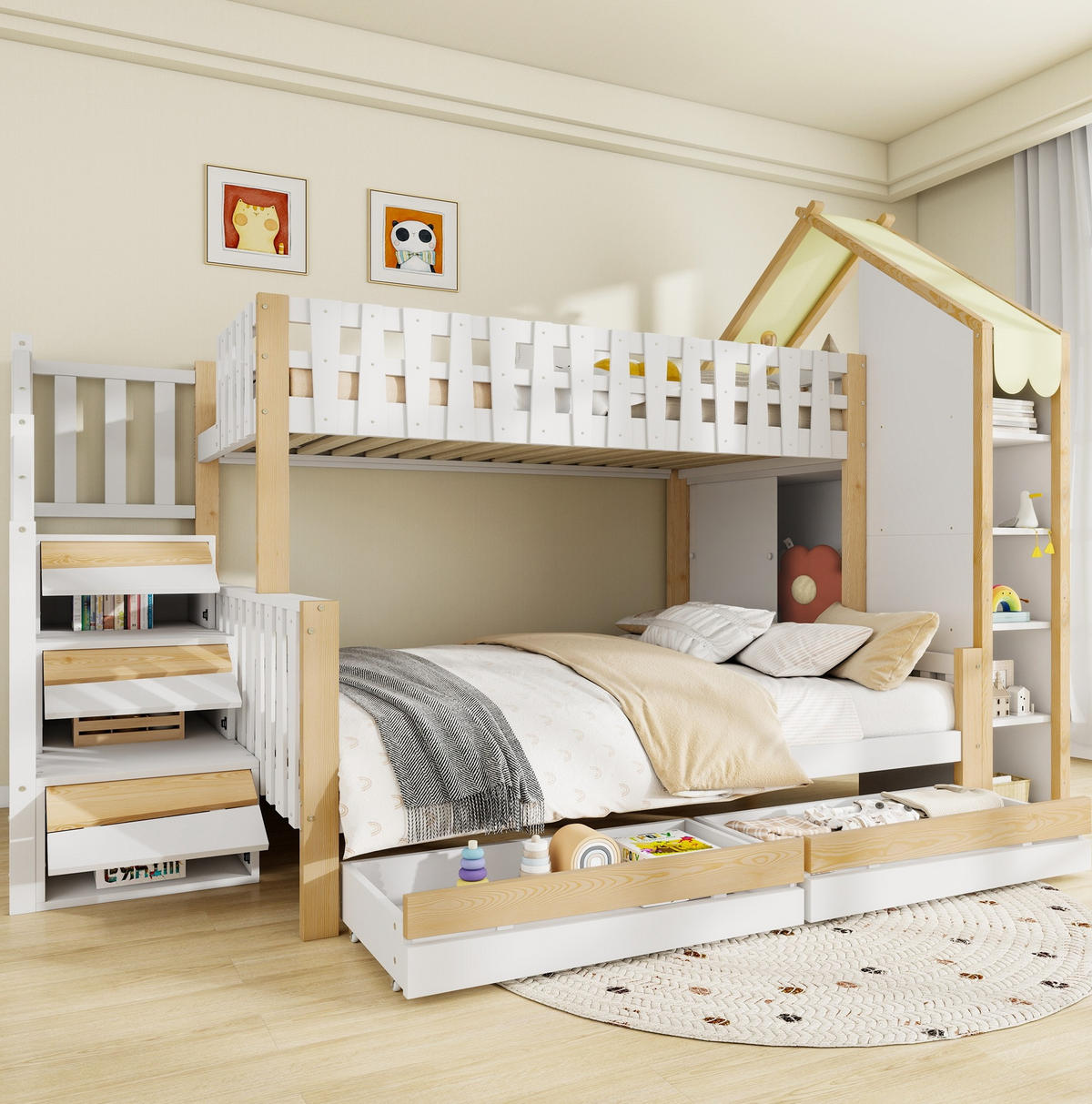 ETAGENBETT 90/200 cm mit Stauraumleiter und Bettgitter in Weiß und Natur - Weiß, Holz (90/200cm) - OKWISH