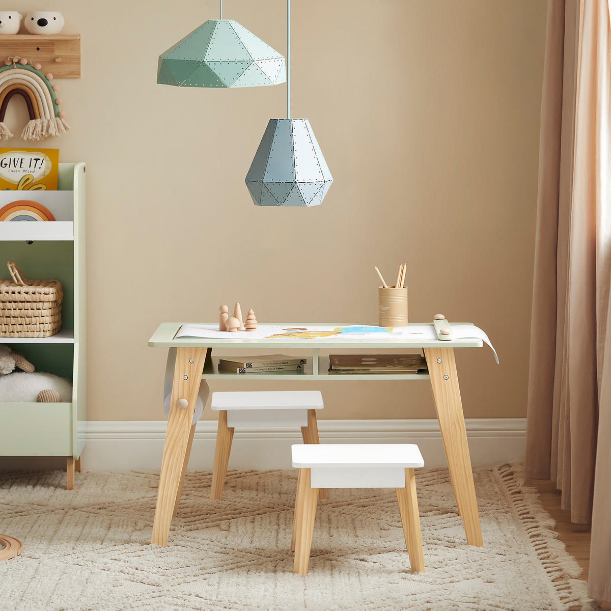 KINDERSITZGRUPPE Weiß-Grün - Weiß/Naturfarben, Holz/Holzwerkstoff (80/50/48cm) - SoBuy