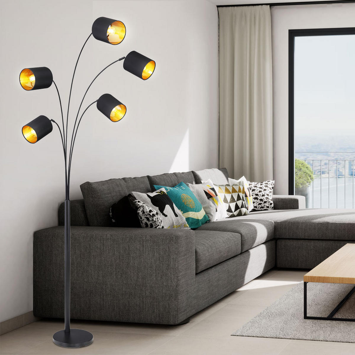 LED STEHLEUCHTE Schwarz Gold Textilschirme - Schwarz, Metall (74/70/204cm) - Globo Lighting