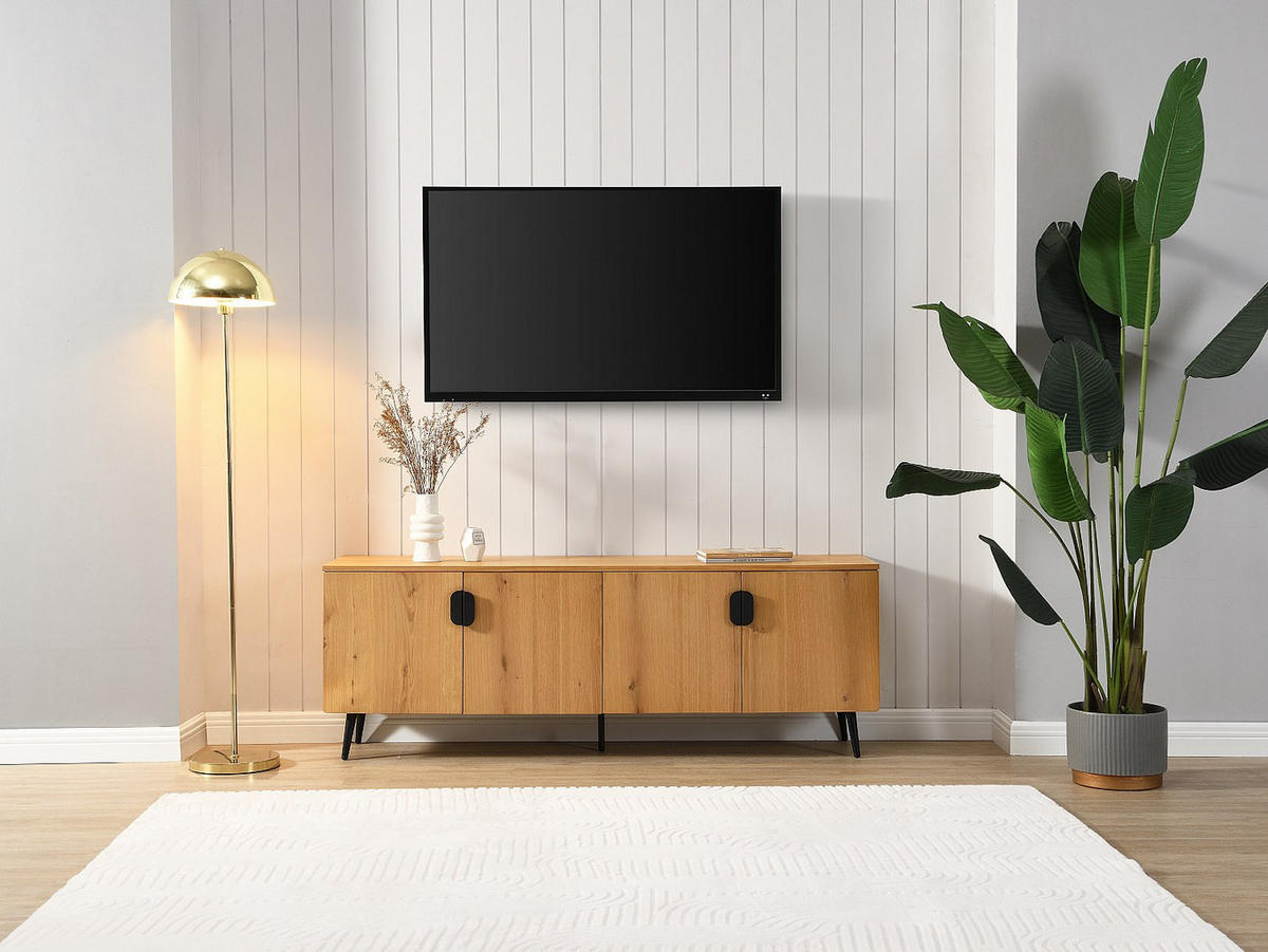 TV-MÖBEL mit 4 Türen - Eichenfurnier & Stahl - Holzfarben hell & Schwarz - SINOLO - Naturfarben, Holz (160/57/40cm) - Vente-Unique