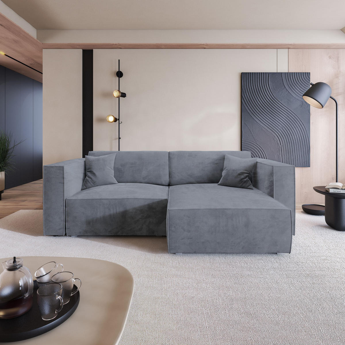 ECKSOFA NERIO M Grau Velours-Stoff mit Schlaffunktion - Grau, Holz/Kunststoff (245/148cm) - MASSENO