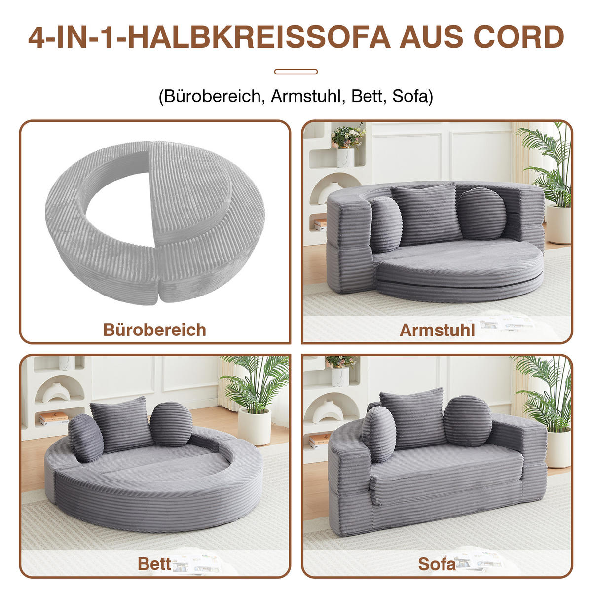 SCHLAFSOFA 4-in-1 halbrund/rund mit 3 Kissen, DE-42726, Grau - Grau, Textil (180/84/92cm) - ComfortXL