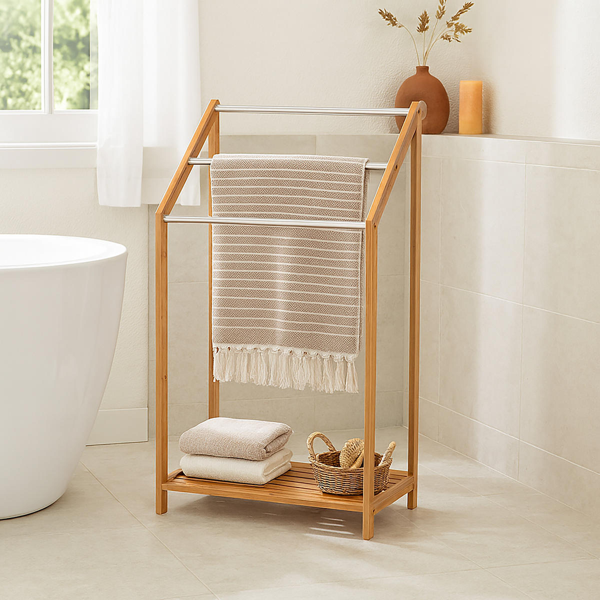 HANDTUCHHALTER - Hellbraun, Holz/Metall (51/85/31cm) - Relaxdays