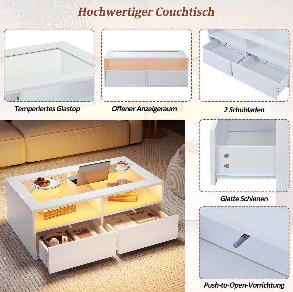 COUCHTISCH aus Glas und Spanplatte 100x50x35 cm Weiß mit LED-Beleuchtung, 2 Schubladen und USB-Anschluss - Weiß, Holzwerkstoff (100/50/35cm) - IVMEU