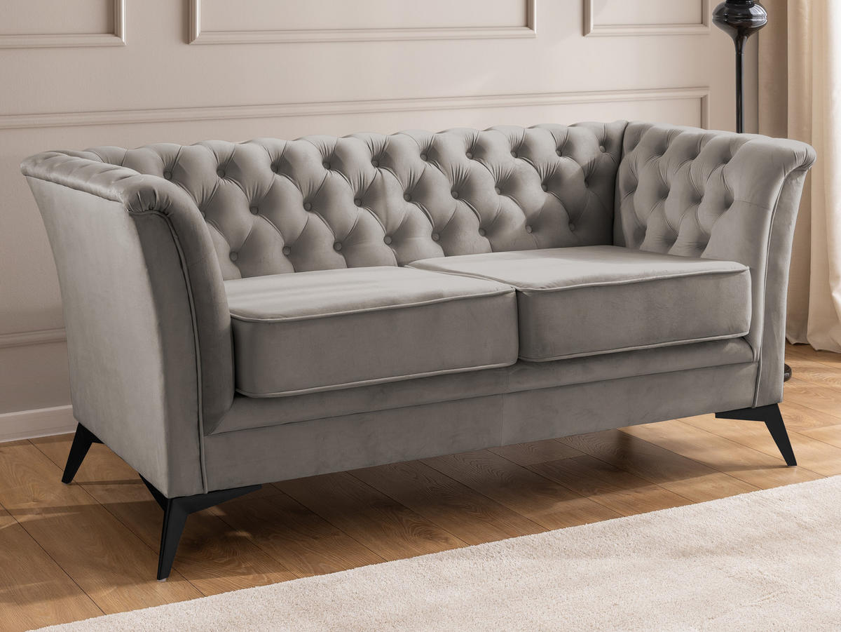 CHESTERFIELD-SOFA 2-sitzer Whitby Grau Samt mit schwarzen Füßen - Schwarz/Grau, Holz/Textil (175/78/82cm) - S-Style Möbel