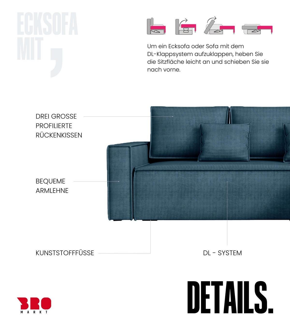 ECKSOFA Dexter mit Schlaffunktion Blau Cord - Blau, Textil (238/141cm) - Bromarkt