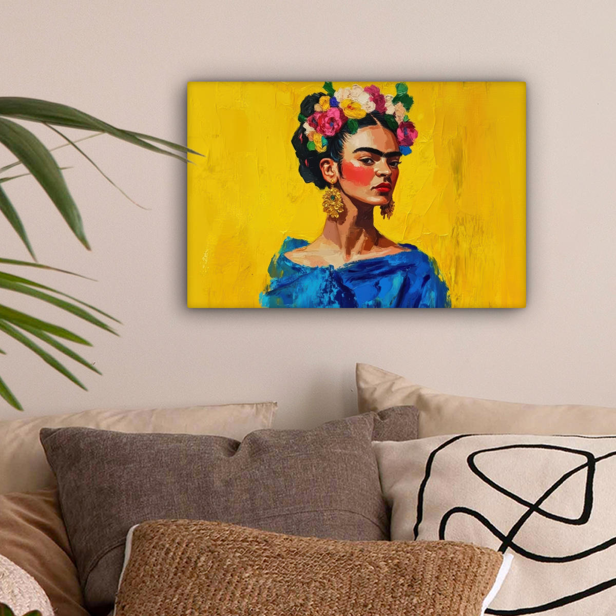 LEINWANDBILD Frida Kahlo - Frau - Gelb - Blau - Blumen 30x20 cm - Gelb, Textil (30/20cm) - MuchoWow
