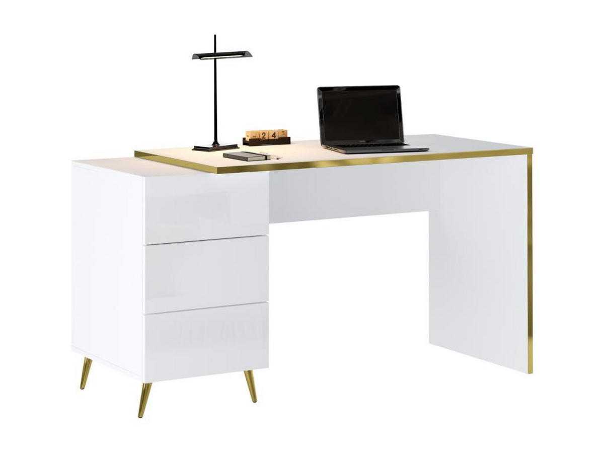 SCHREIBTISCH mit Schubladen - Weiß glänzend & Goldfarben - MARZIALO - Weiß, Holz (142.4/59/75.6cm) - Vente-Unique