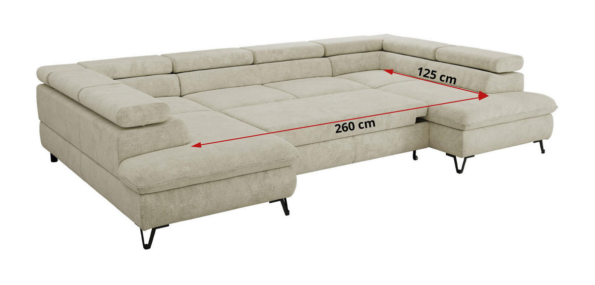 WOHNLANDSCHAFT PABLO U Schenille grob gewebt Creme mit Topper T25 - Creme/Schwarz, Textil/Metall (346/76/208cm) - MKS