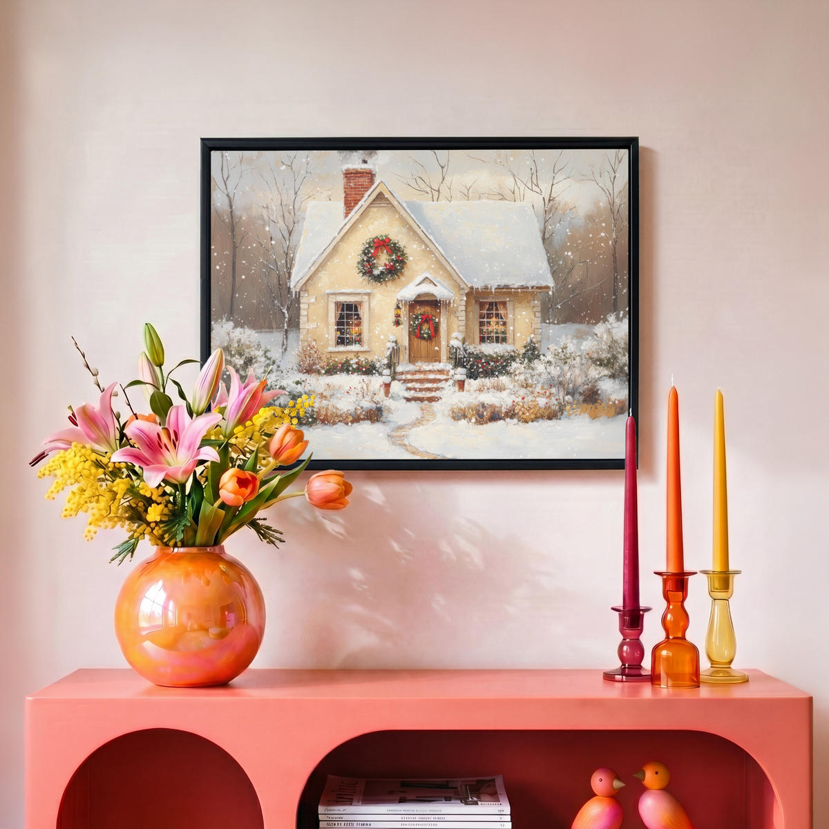LEINWAND Bilder mit Rahmen - Weihnachten - Zuhause - Winter - Schnee - 40x30 - Creme, Textil (40/30cm) - MuchoWow