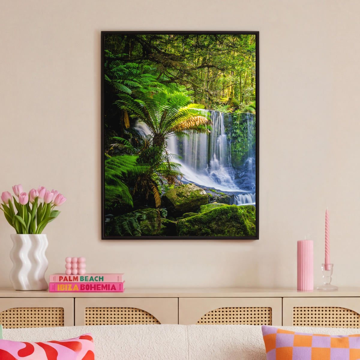 LEINWAND Bilder mit Rahmen - Dschungel - Wasserfall - Australien - Pflanzen - Natur - 70x100 - Dunkelgrün, Textil (70/100cm) - MuchoWow