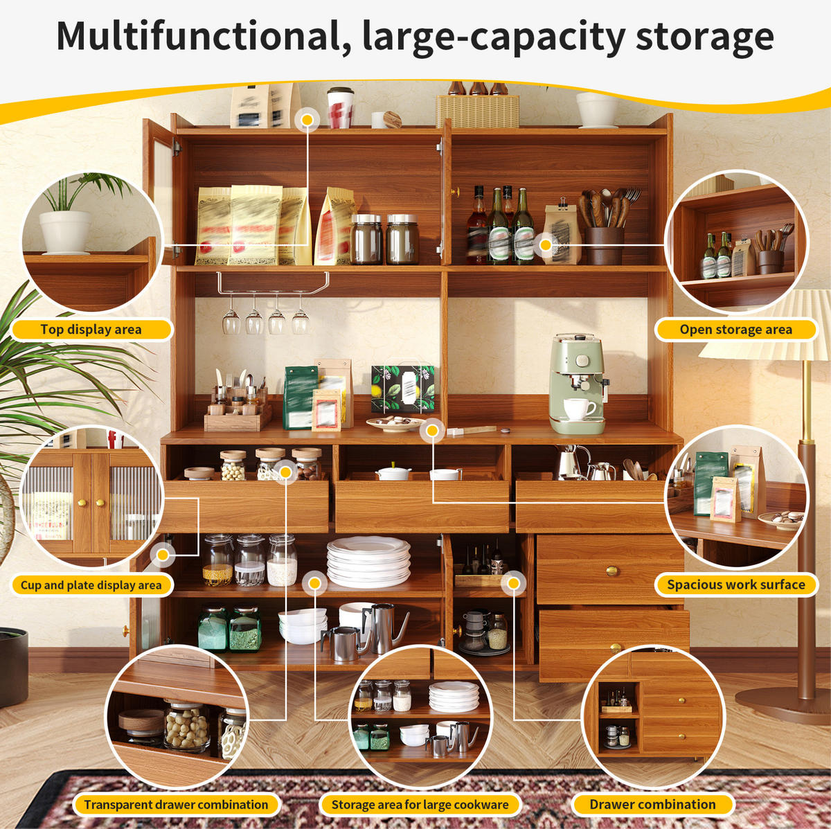 BUFFET 145/171/39 cm walnussfarben aus MDF mit Changhong-Glastür und Weinregal - Walnussfarben, Holzwerkstoff (39/171/145cm) - OKMYHOME