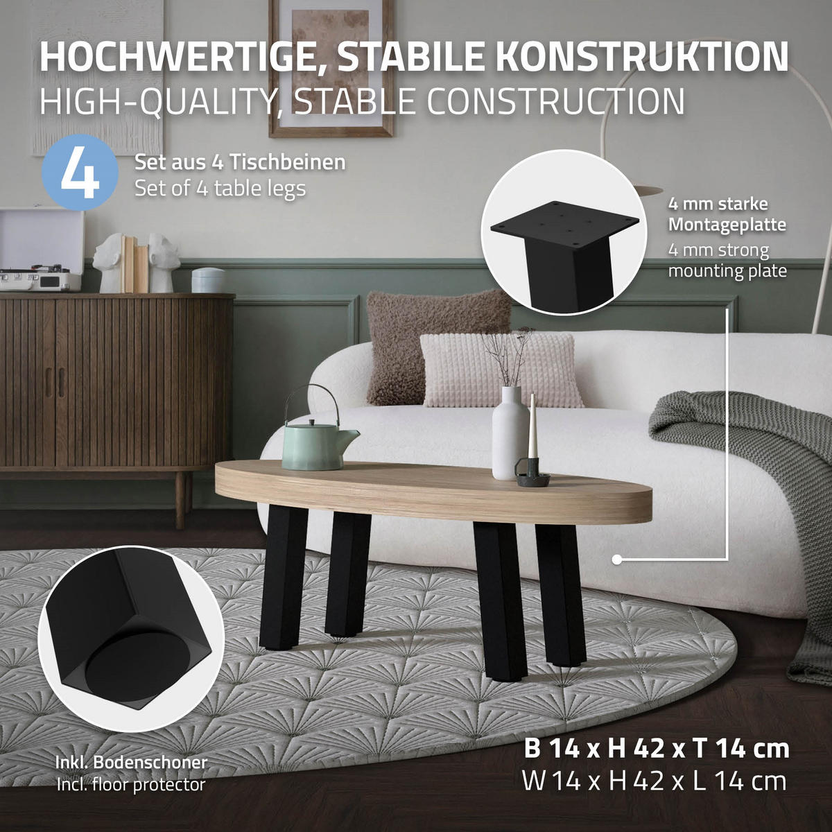 TISCHBEINE 4er Set I-96GRAD-Design H:42 cm Schwarz 8x8 cm - Schwarz, Metall (8/42/8cm) - ML-DESIGN