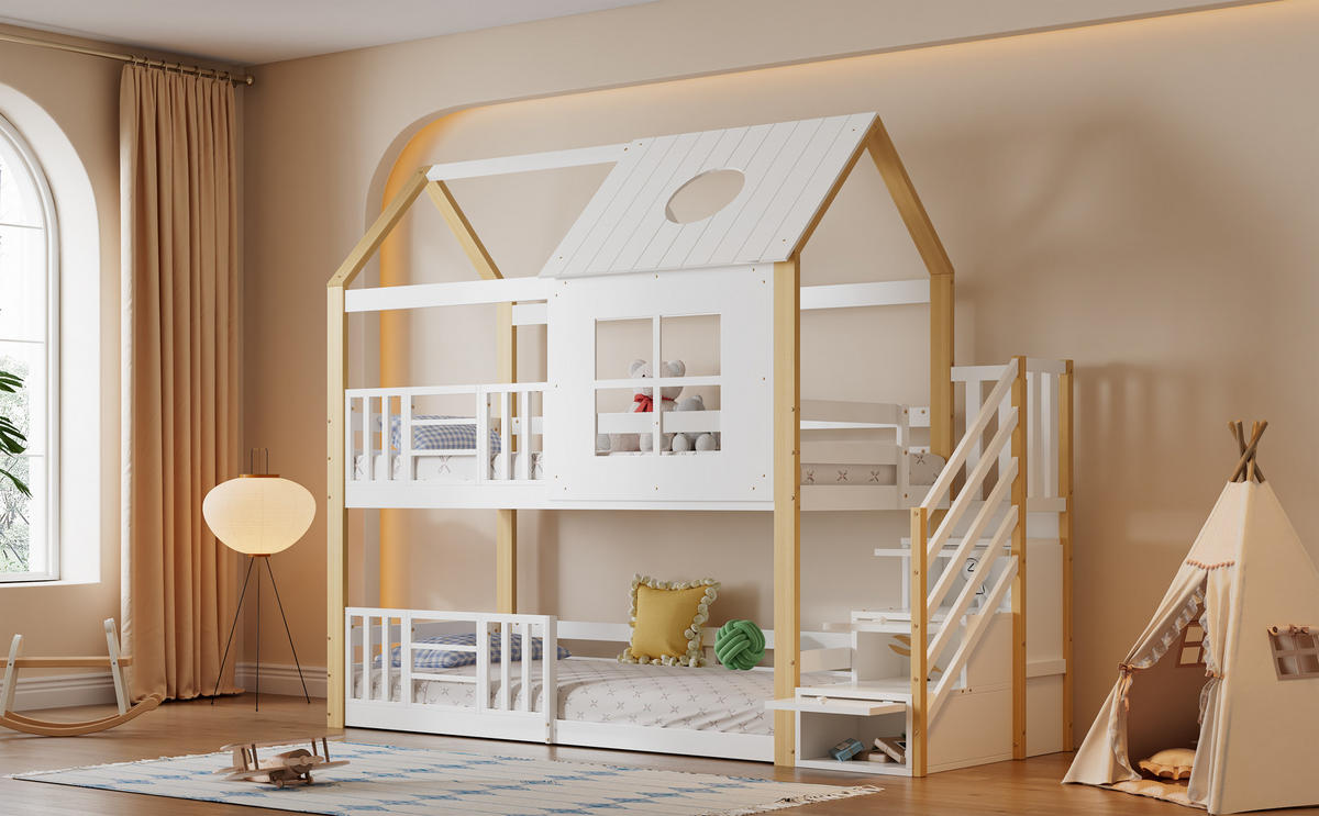 ETAGENBETT 90x200 cm Haus Treppe weiß - Weiß, Holz (90/200cm) - LEBENLANG