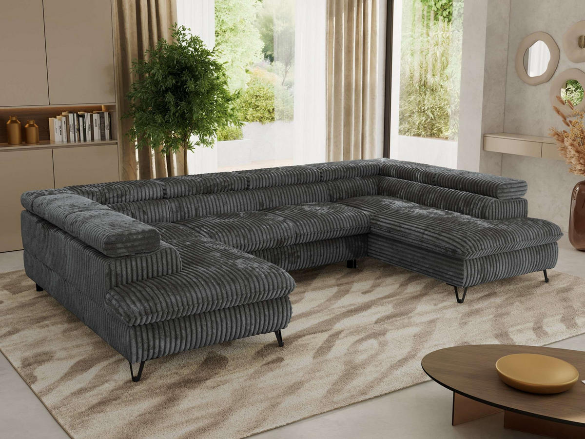 WOHNLANDSCHAFT PABLO U Cord Grau - Dunkelgrau/Schwarz, Textil/Metall (346/76/208cm) - MKS