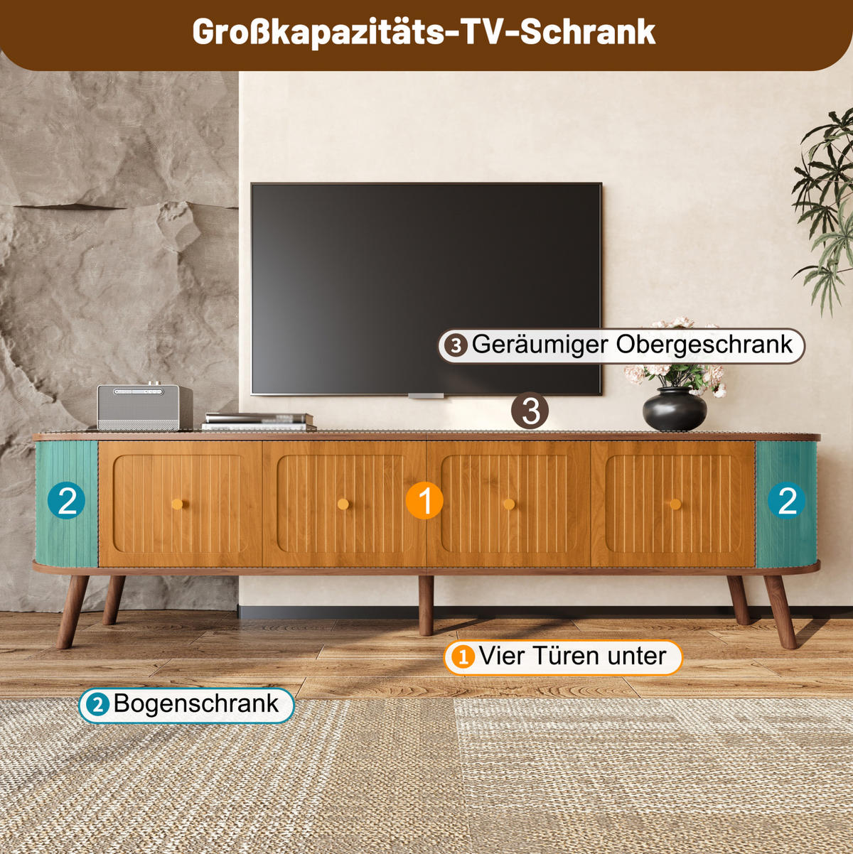 TV-SCHRANK aus MDF und Spanplatte 180x38x47 cm Nussbaum mit 4 Klapptüren und Vintage-Design - Braun, Holzwerkstoff (180/47/38cm) - Modfu