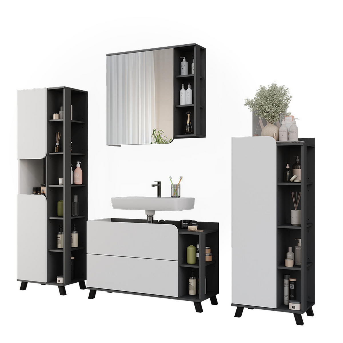 BADMÖBEL-SET Karen Anthrazit/Weiß 4 Teile - Anthrazit/Weiß, Holzwerkstoff (100/65/35cm) - Vicco