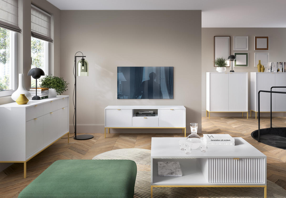 KOMMODE NOVA, Geriffelte Front, 2-Türen, 2-Schubladen 104x39x83 cm, Weiß - Goldfarben/Weiß, Holzwerkstoff/Kunststoff (104/83/39cm) - DomoHome